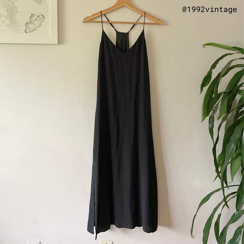 VINTAGE 90s Slip Midi Dress Black 100% Silk  | Size XS
